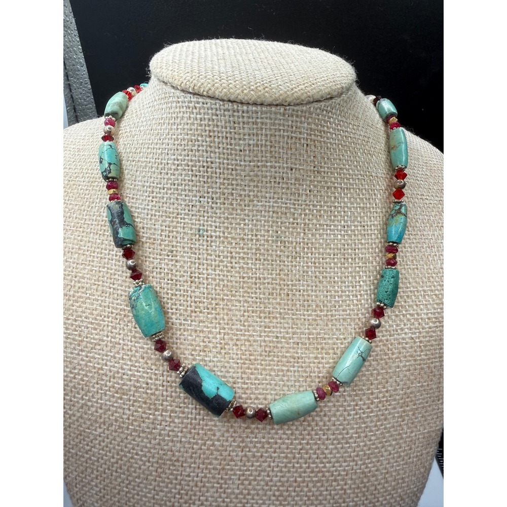 Turquoise Barrel Bead Necklace with Red Crystal Accents and Toggle Clasp 17"